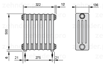 Схема (чертеж) Радиатор Zehnder Charleston 4050/7 №5310 Белый глянцевый RAL 9016